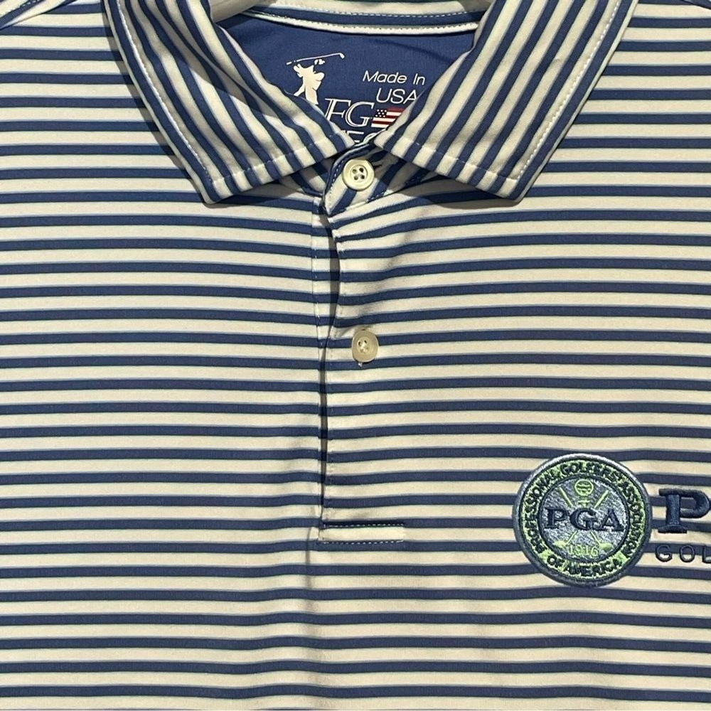PGA Golf Polo FG Tech Shirt Mens Large Logo Embroidered Striped Stretch Patch‎